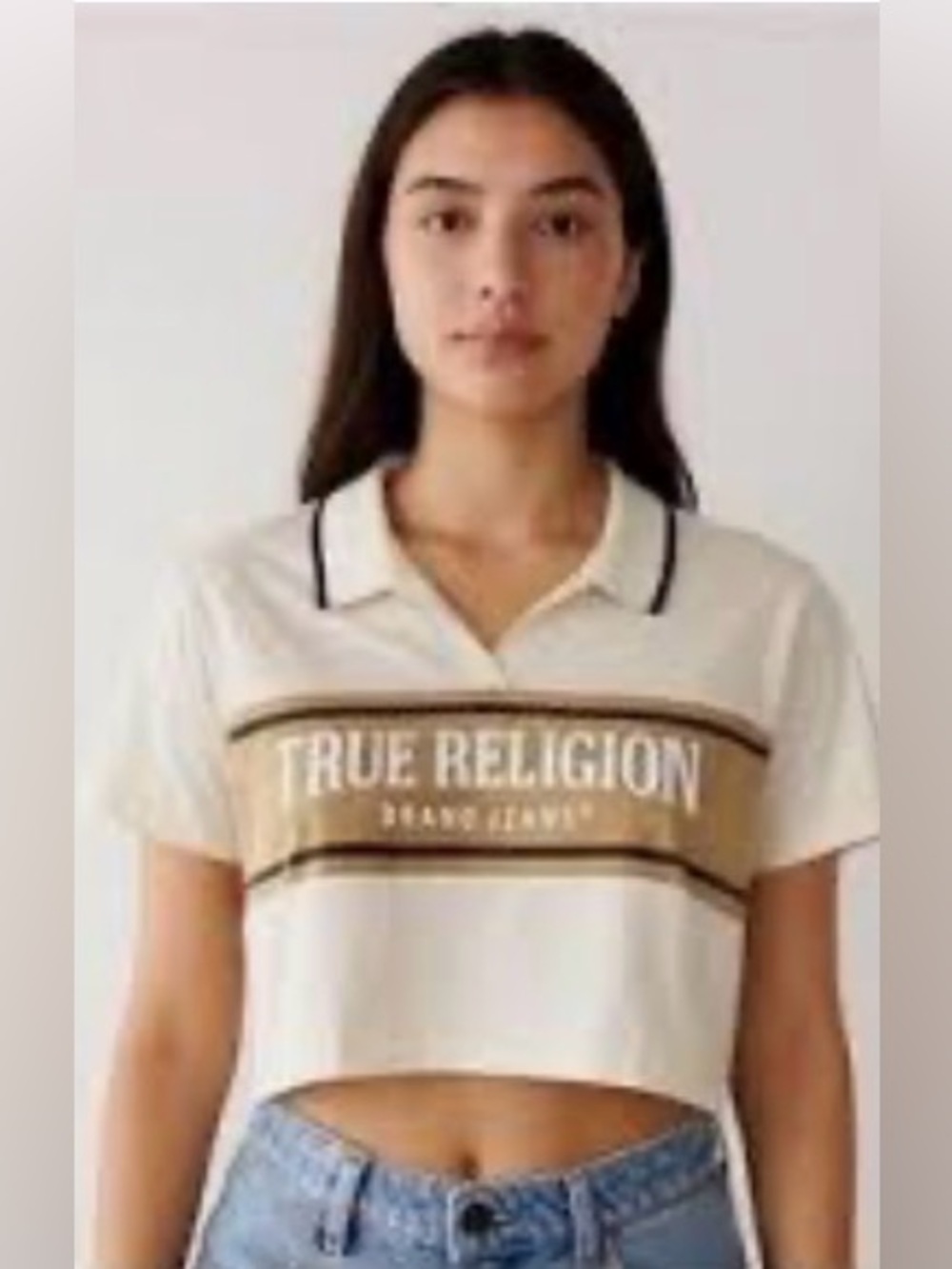 NWT True Religion size M crop polo top short sleeve winter white travertine
